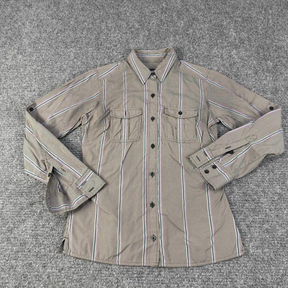 Patagonia Shirt Womens 4 Brown Striped Long Sleeve Button Down Roll Tab Pockets